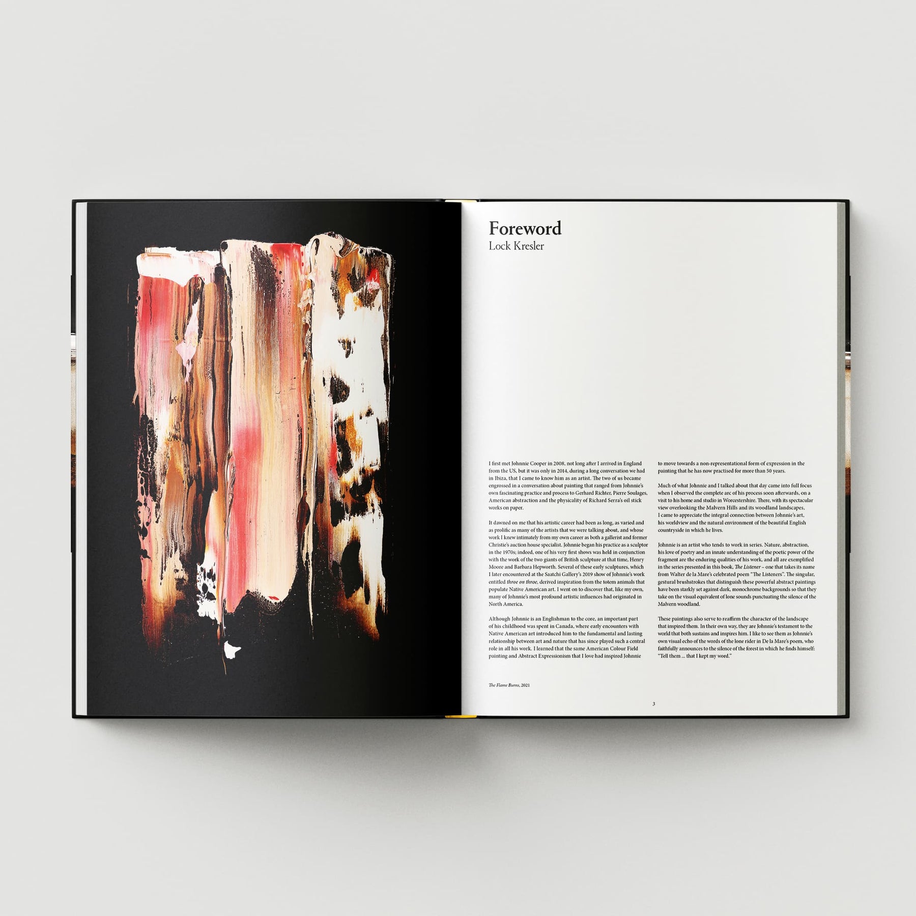 In the book "Johnnie Cooper: The Listener" by Black Dog Online, an abstract painting by the British abstract artist Johnnie Cooper is displayed on the left, with a printed foreword by Lock Kresler on the right.