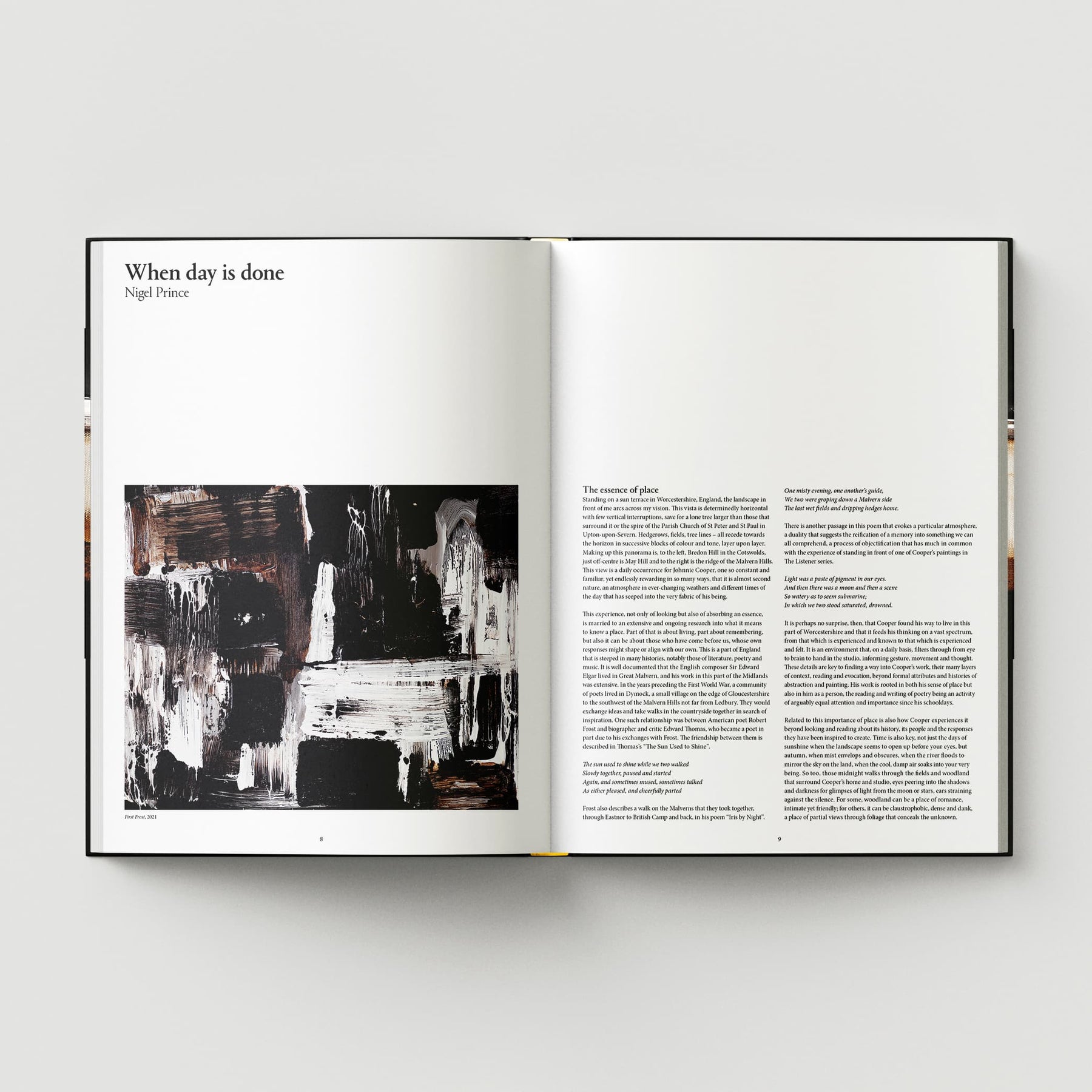 Displayed is an open book featuring an abstract painting on the left page and text titled "When day is done" by British abstract artist Johnnie Cooper on the right page. The book, titled "Johnnie Cooper: The Listener," is from Black Dog Online.
