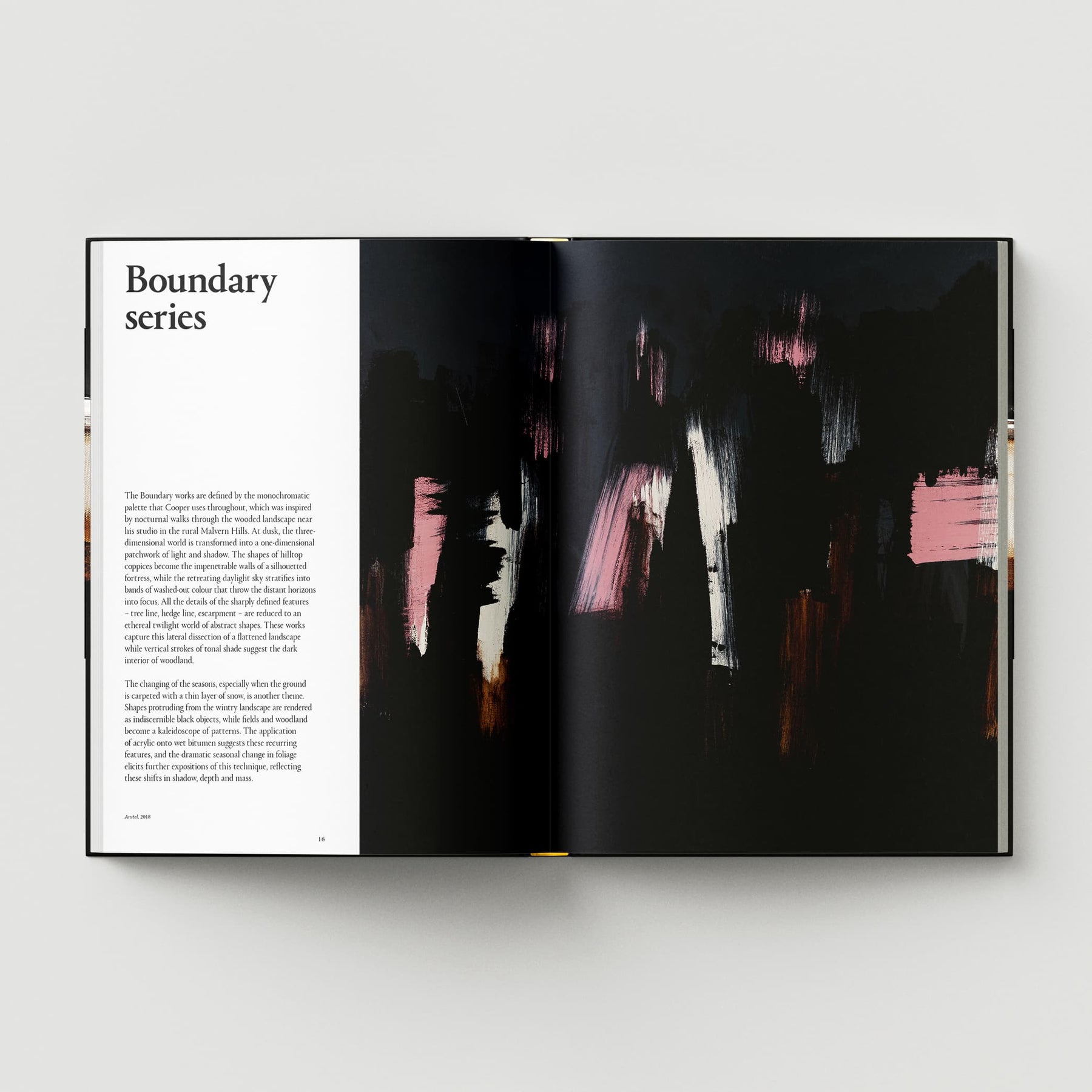 An open book featuring a page titled "Boundary series" on the left, next to an abstract painting with dark and pink brushstrokes by British abstract artist Johnnie Cooper, renowned for his polychromatic collection. The product is named "Johnnie Cooper: The Listener," under the Black Dog Online brand.