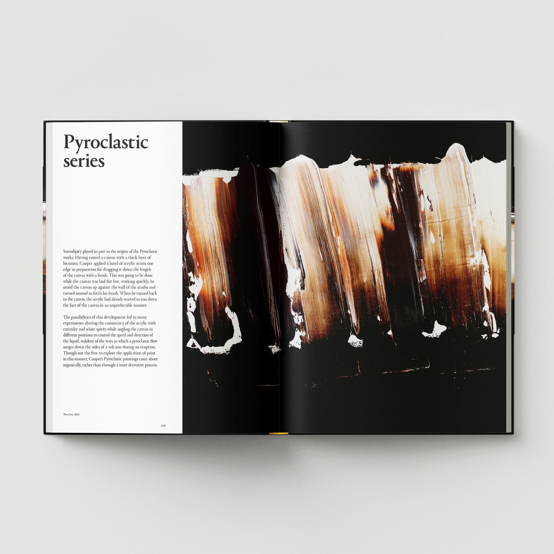 Open book displaying abstract brown and white brushstrokes by British abstract artist Johnnie Cooper on the right page, with text titled "Pyroclastic series" on the left page from Black Dog Online's publication, *Johnnie Cooper: The Listener*.