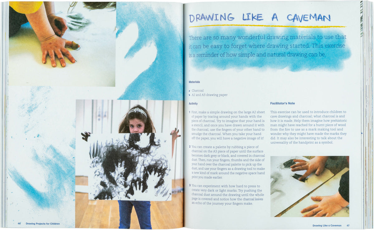 A child proudly displays a "Drawing Like a Caveman" painting, inspired by techniques from Black Dog Online's "Drawing Projects for Children," with the page featuring step-by-step instructions and photos of hands engaged in expressive mark making.