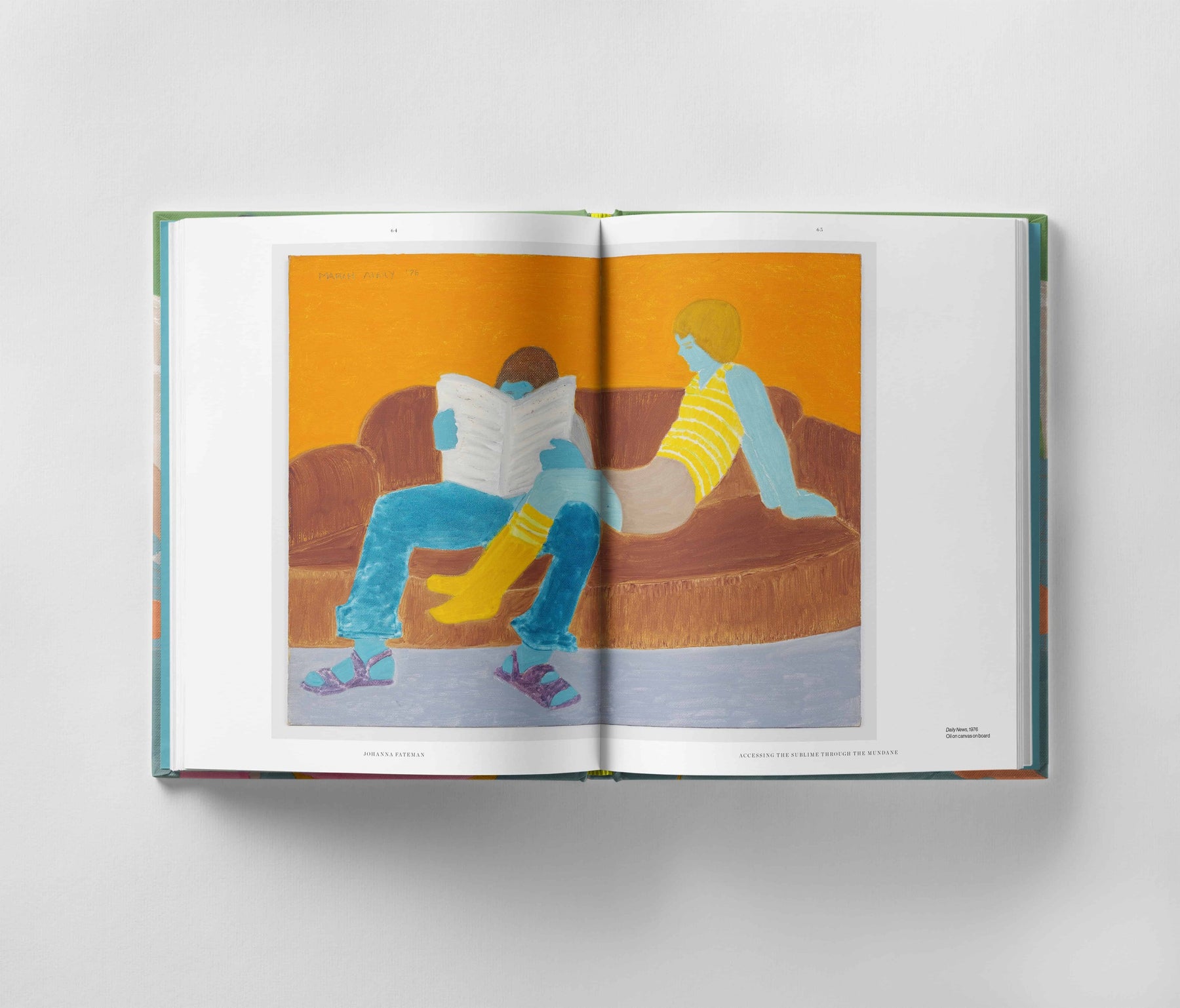 Open book displaying an oil painting of two figures on a couch; one is lying back reading a book while the other reclines against them, capturing the emotional depth often found in works by March Avery: A Life in Color by Black Dog Online.