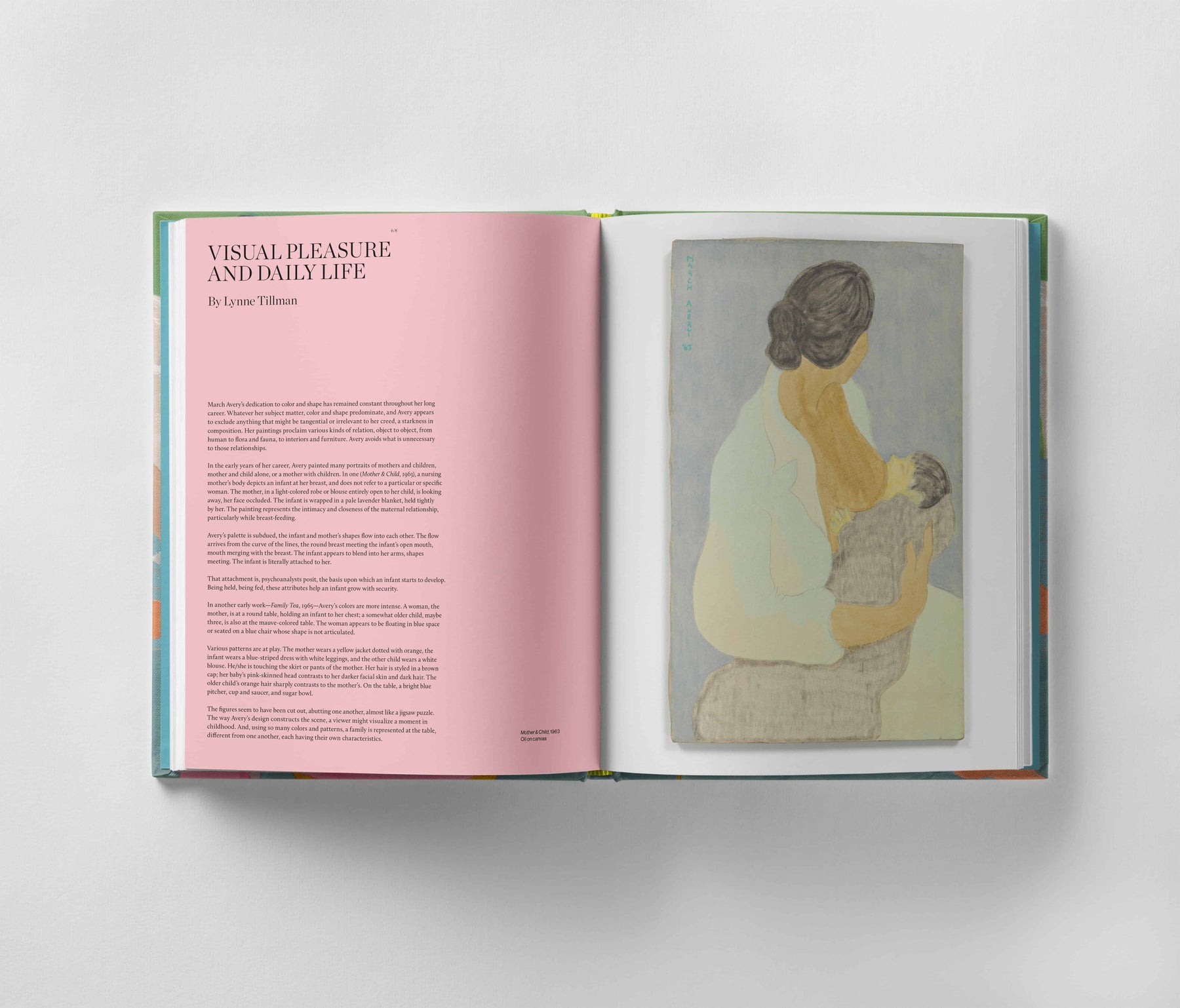 Open book showing a text page titled "Visual Pleasure and Daily Life" on the left and an illustration of a woman cradling a child on the right, reminiscent of the emotional depth often seen in Black Dog Online's **March Avery: A Life in Color**.
