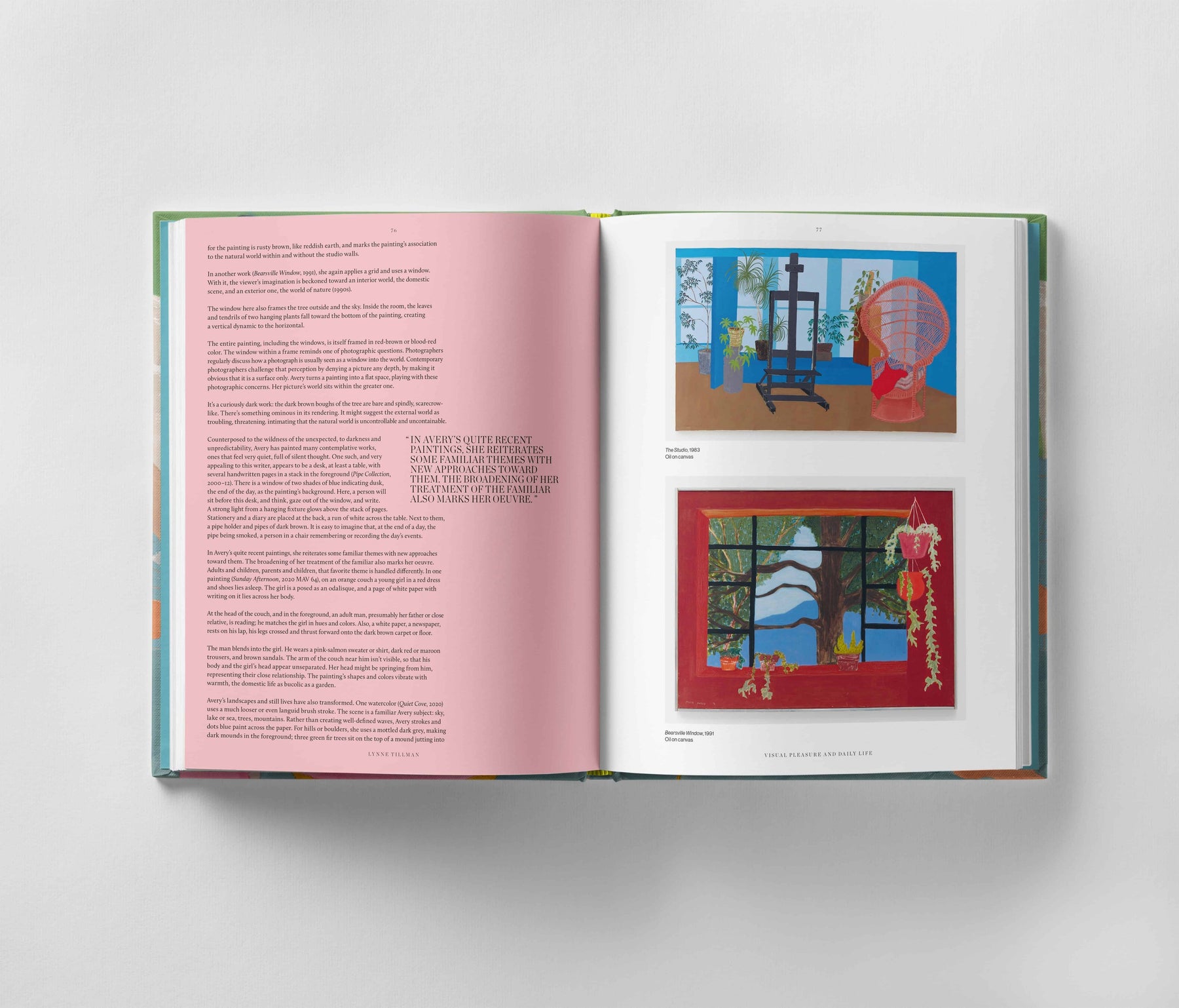 Open March Avery: A Life in Color by Black Dog Online showing text on the left page and two colorful oil paintings of windows on the right page. Left page has a pink section with a small paragraph in a bold font. The right painting, reminiscent of March Avery's style, contains plants that add emotional depth to the scene.