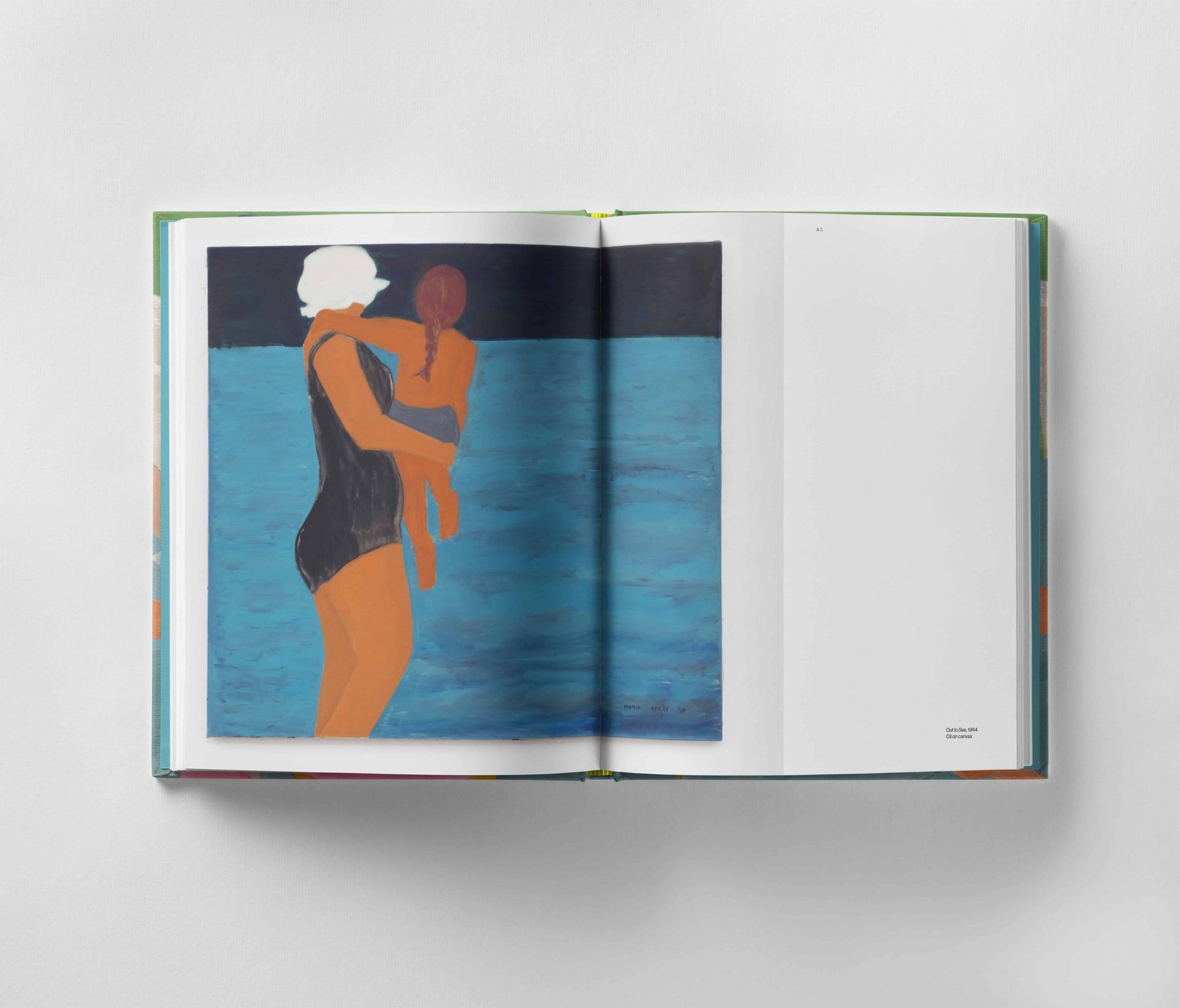 An open book reveals an emotional painting of a person in a swimsuit holding a child by the water against a dark sky, capturing the emotional depth reminiscent of *March Avery: A Life in Color* by Black Dog Online.