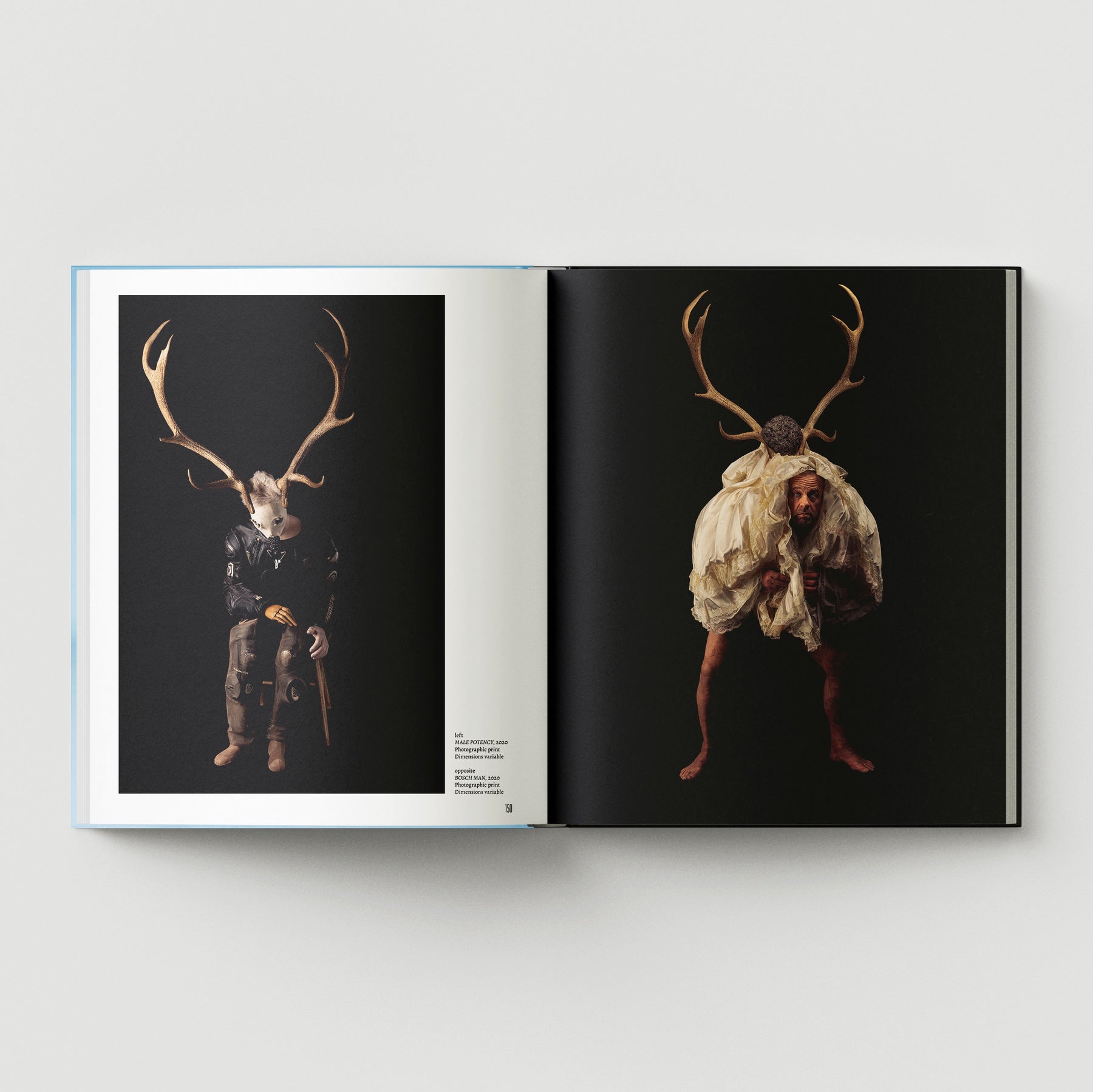 A book spread from "Formula + Fetish" by Black Dog Press showcases two photos by British artist Mark Woods, where people wear antlers and draped clothing against a black background, blending jewellery with fine art.