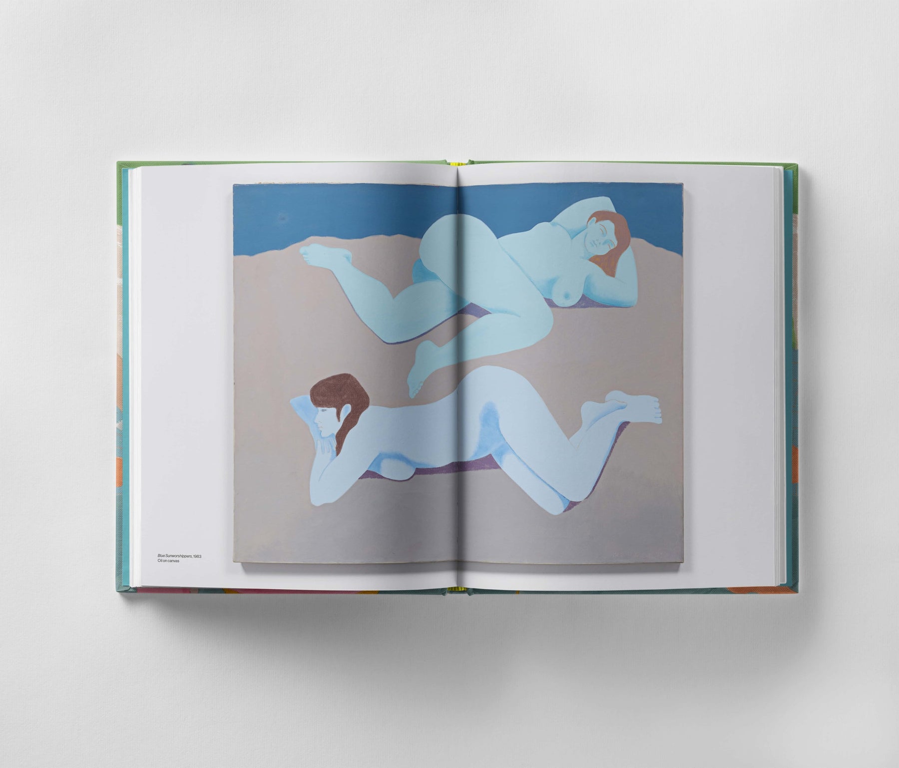 Open book displaying an oil painting by March Avery, illustrating two abstract nude reclining figures in shades of blue and beige from the Black Dog Online publication, "March Avery: A Life in Color".