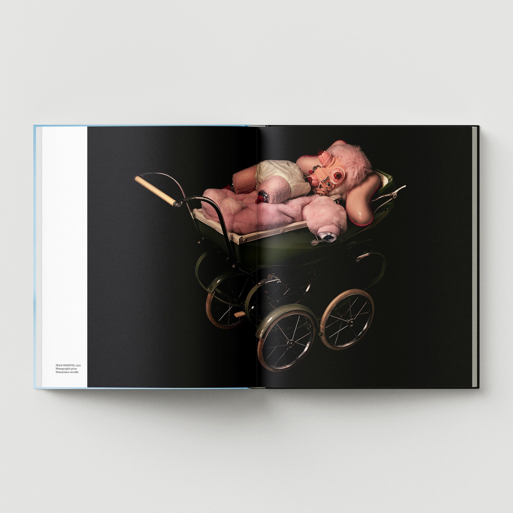An open book of "Formula + Fetish" by Black Dog Press features a Mark Woods image: a person in a gas mask and lingerie in a vintage baby carriage with a plush pig, set against a black background.