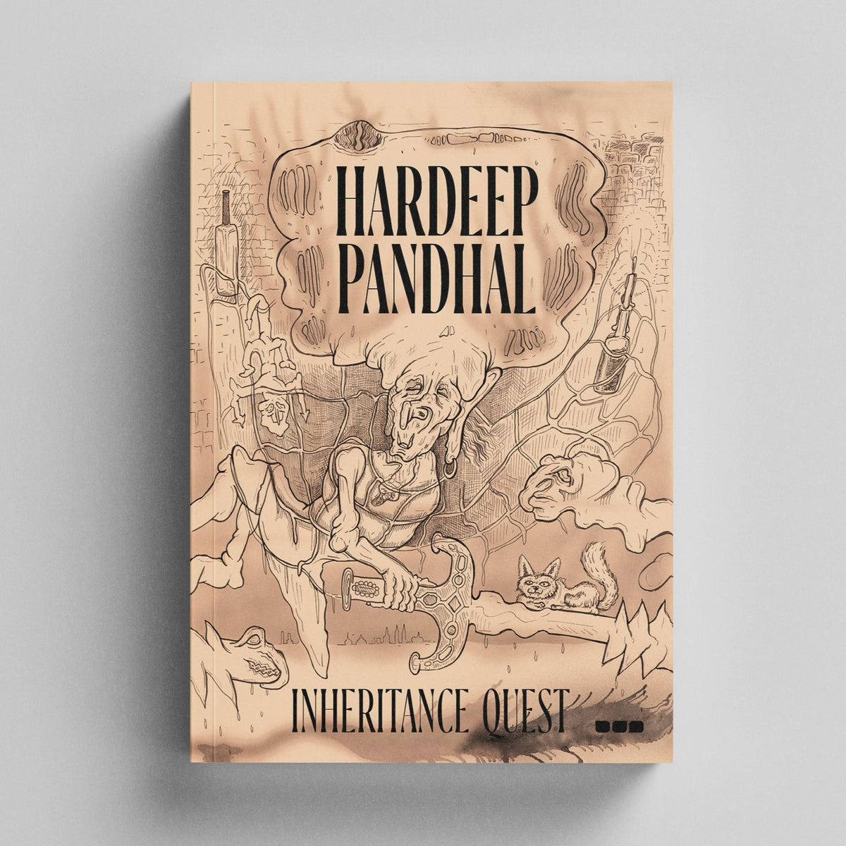 Book cover showing a drawing of an older-person figure holding a sword, surrounded by cats, with the product name "Hardeep Pandhal: Inheritance Quest" and the brand name "Black Dog Press" at the top, reflecting elements of Sikh heritage and migration.