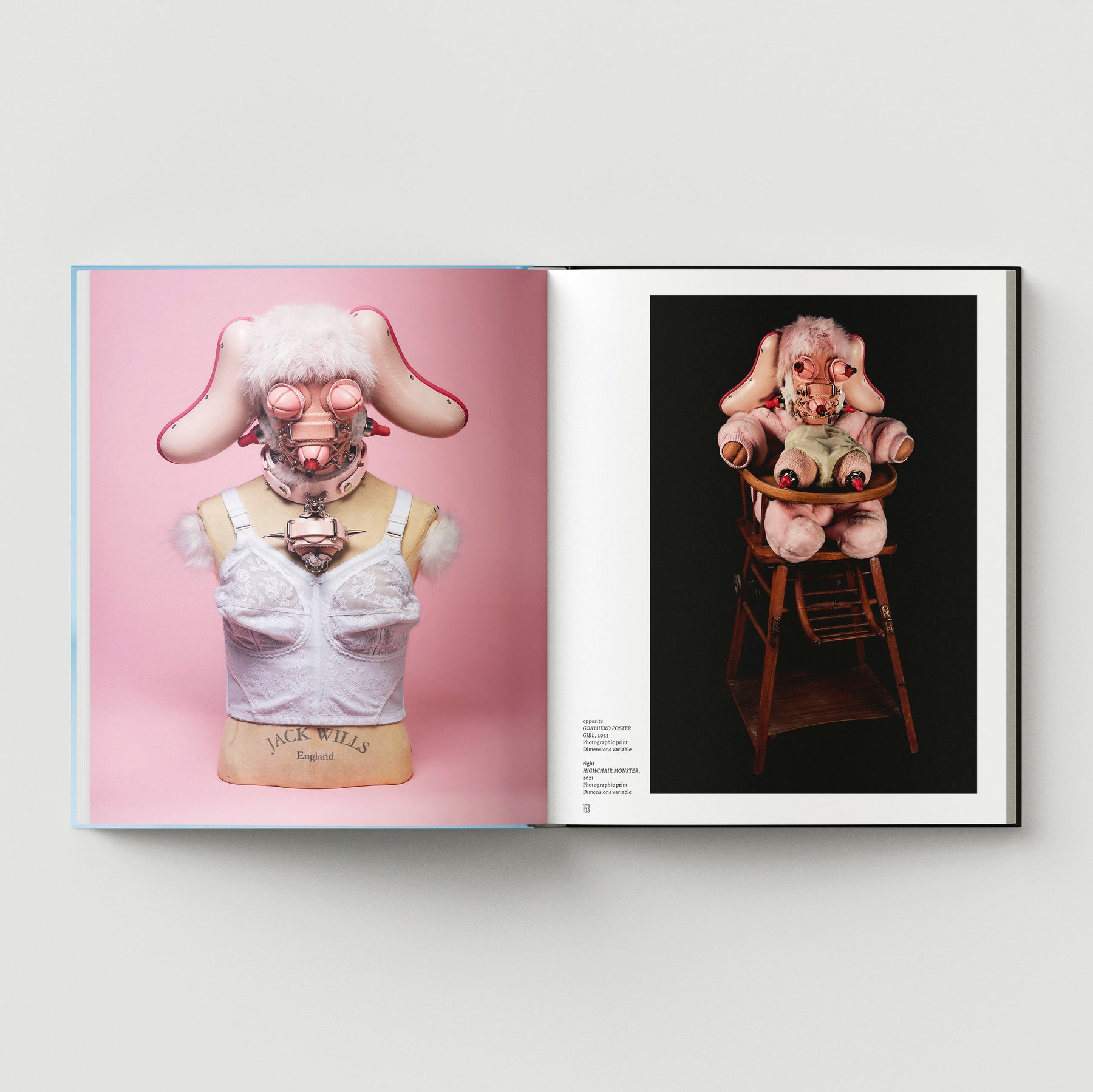 Open book showing two images from "Formula + Fetish" by Black Dog Press: a mannequin styled as a pink rabbit with mechanical elements and white bra, set against pink and dark backgrounds, highlighting Mark Woods' unique jewellery-inspired fine art.