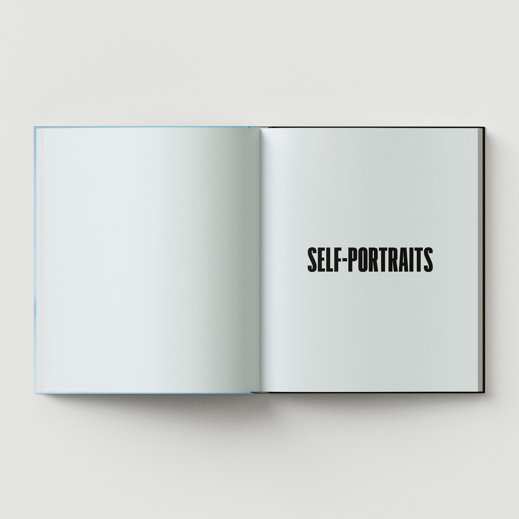 An open book shows a blank left page and a right page boldly titled "SELF-PORTRAITS", reflecting the innovative style found in "Formula + Fetish" by Black Dog Press.