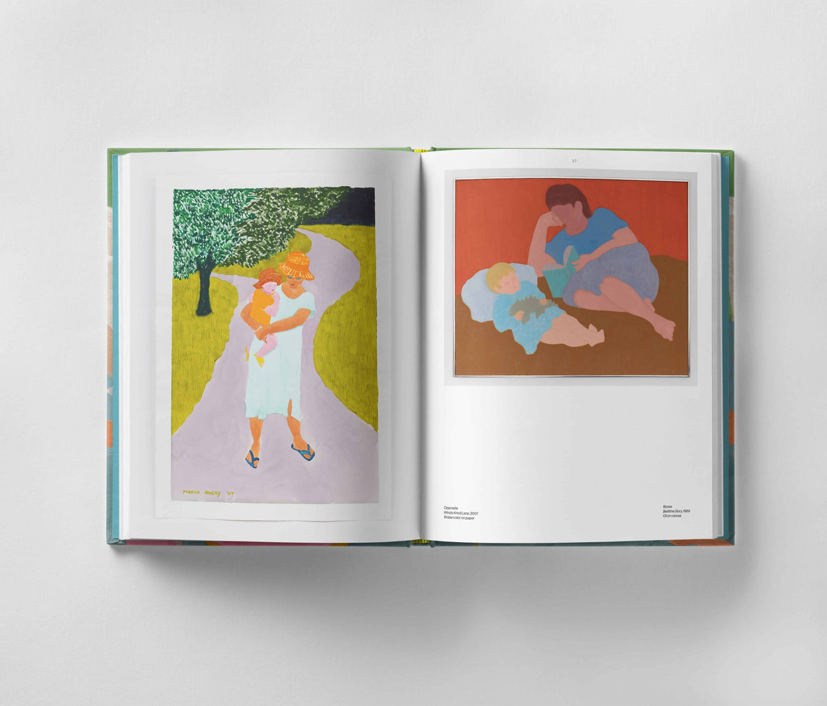 Open book displaying two pages of artwork; the left page features a colorful image of two people embracing near a path, while the right page shows an emotional depth with a sleeping adult and child on a red background, reminiscent of Black Dog Online's *March Avery: A Life in Color*.