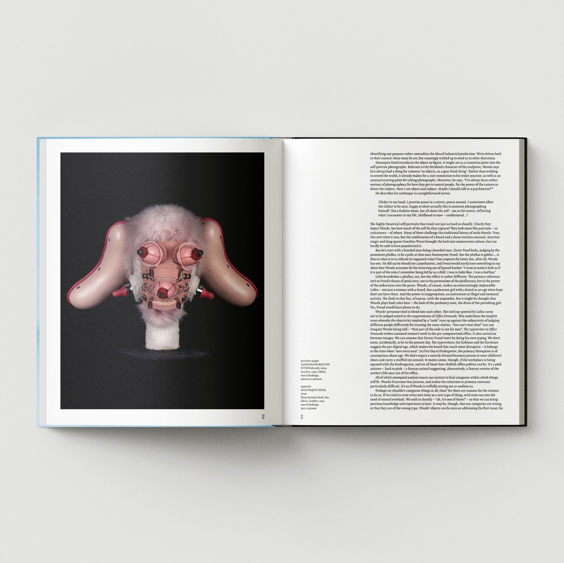 Displayed on a white background, the open book "Formula + Fetish" by Black Dog Press shows a photo of a fluffy pink mechanical dog-like head by British artist Mark Woods on the left, with black text blocks on the right.