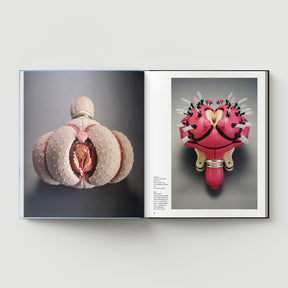 An open book, "Formula + Fetish" by Black Dog Press, reveals two pages of Mark Woods’s sculptural works—abstract organic forms in pink and beige with textured, anatomical shapes that blend jewellery and fine art.