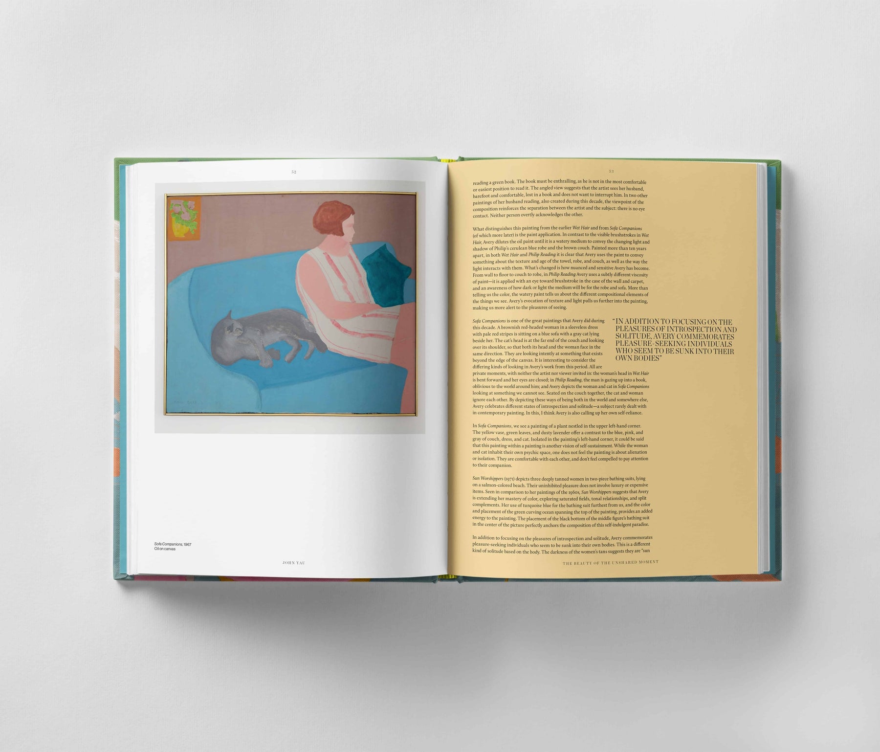 An open book displaying an oil painting by March Avery of a person sitting on a blue couch with a gray cat, alongside a page of text on the right, capturing emotional depth. The book is *March Avery: A Life in Color* by *Black Dog Online*.