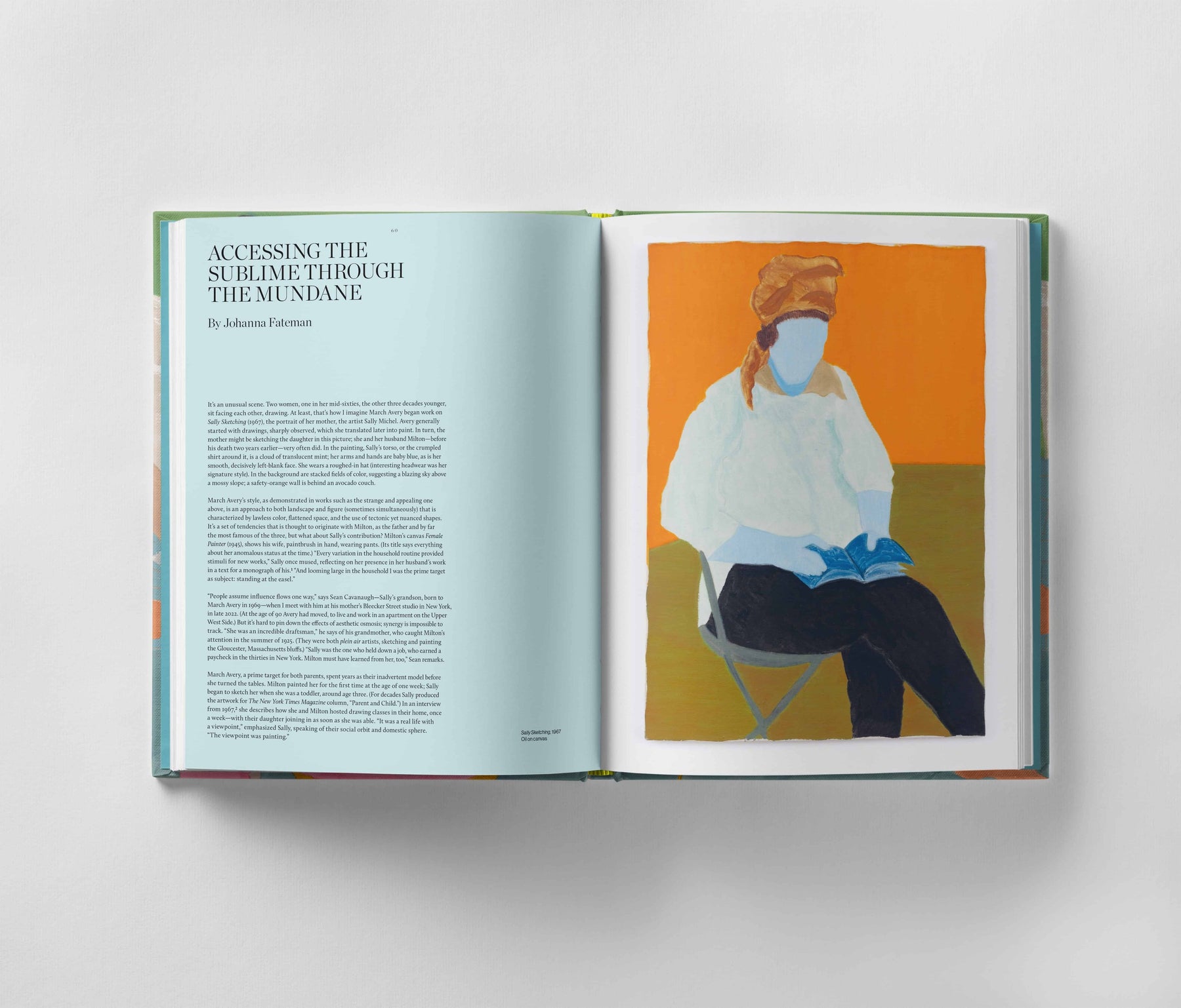 An open book lies before you, with an article titled "Accessing the Sublime Through the Mundane" on the left page. On the right page, there is **March Avery: A Life in Color** by **Black Dog Online**, depicting a seated person reading a book, capturing profound emotional depth.