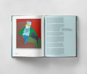 Open book displaying a page with text on the right and an illustration reminiscent of March Avery's style, depicting a person holding a child with a cat on the left against a red background, conveying emotional depth akin to oil paintings. This is "March Avery: A Life in Color" by Black Dog Online.