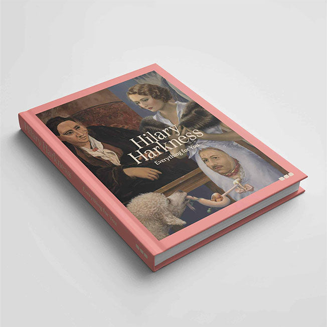 A pink hardcover book titled "Hilary Harkness - Everything For You." The cover features various detailed portraits of individuals engaged in different activities, offering an intersectional lens through a comprehensive monograph by Hilary Harkness from Black Dog Press.