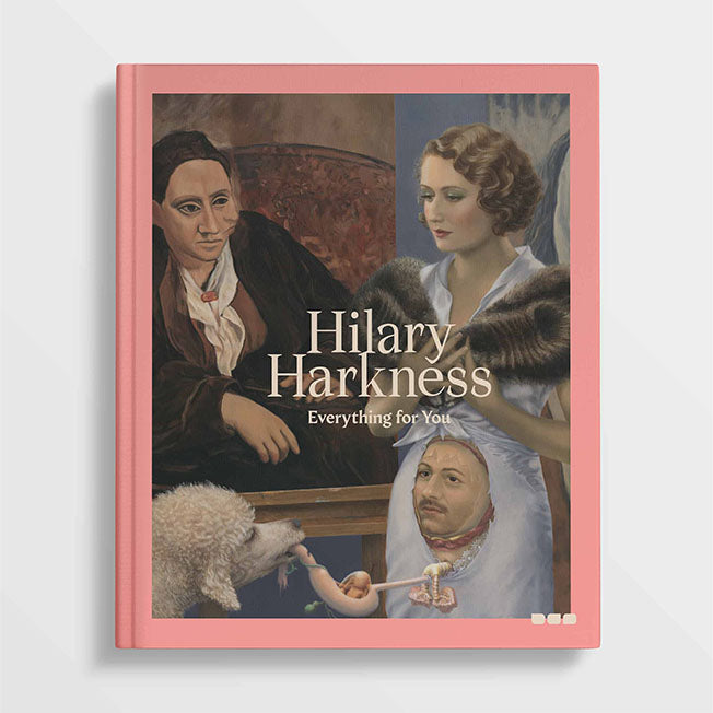 A comprehensive monograph titled "Hilary Harkness - Everything For You" by Black Dog Press features an art piece on the cover showing three people, one holding a mask, and a dog eating from a mask-like object.