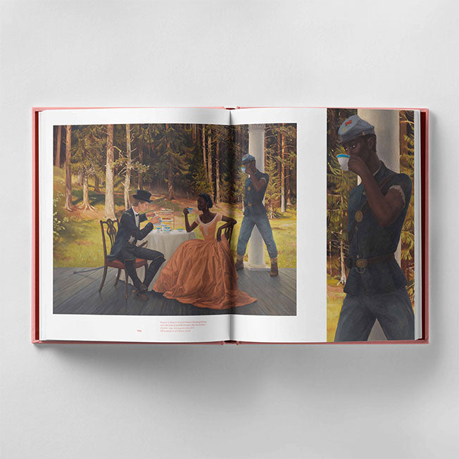 An open book displays "Hilary Harkness - Everything For You" by Black Dog Press. Three people are depicted; two seated outdoors at a table, one in a dress and the other in a dark uniform, while a third person in a similar uniform stands nearby with a cup. The scene invites an intersectional lens to appreciate its nuances.