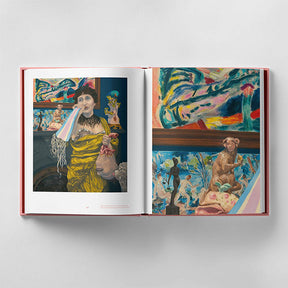An open art book displaying colorful abstract paintings and surreal figures on both pages lies on a plain surface, resembling *Hilary Harkness - Everything For You* by Black Dog Press.