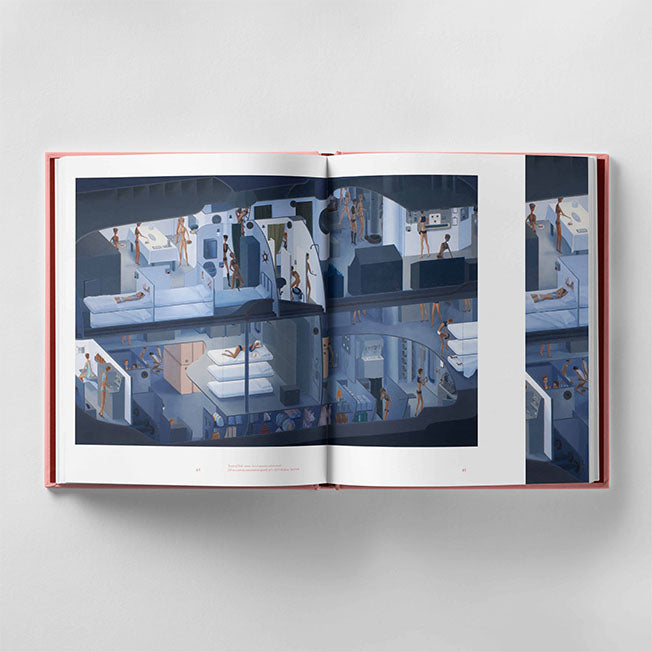 An open book displays a detailed illustration of a cutaway view of a building with multiple floors, showing various rooms and people engaged in different activities, much like *Hilary Harkness - Everything For You* by Black Dog Press.