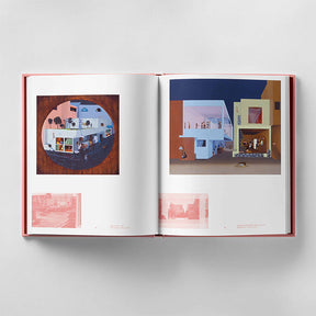 An open book showcasing two pages. On the left is a circular architectural illustration, and on the right, a modern architectural model—part of "Hilary Harkness - Everything For You" by Black Dog Press. Additional pink-tinted images are at the bottom.