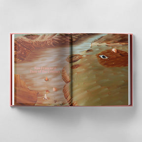Open book with a digital painting of a surreal landscape on two pages. Left page text reads "San Francisco Turn of the Century." This work, reminiscent of Hilary Harkness's style, offers an intersectional lens on historical narratives. The book is titled "Hilary Harkness - Everything For You," published by Black Dog Press.