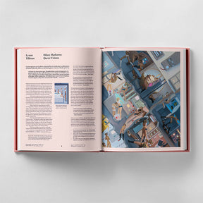 An open book showing text on the left page and a detailed, colorful illustration of a multi-story building with various people and activities, viewed through an intersectional lens on the right page, all placed on a light grey background. The product is titled "Hilary Harkness - Everything For You" by Black Dog Press.