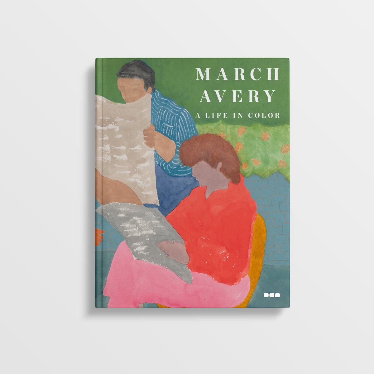Cover of the book "March Avery: A Life in Color" by Black Dog Online showing an illustration reminiscent of her oil paintings, depicting a person in red reading a newspaper beside another person who is also reading, capturing the emotional depth characteristic of March Avery's work.